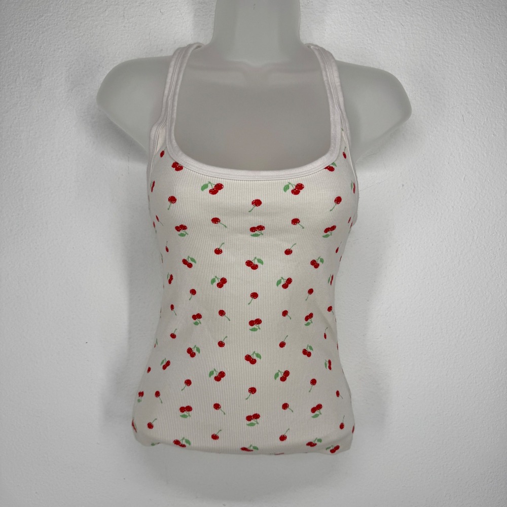 Aerie‎ Women White Cherry Print Ribbed Racerback Tank Top Scoop Neck Fruit Girly